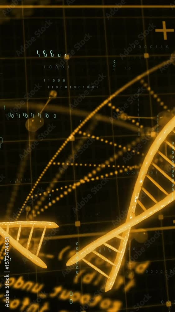 Poster animation of digital data processing and dna strands on black background