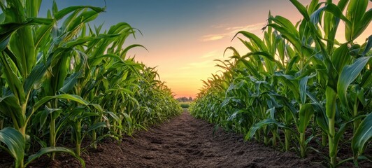 Obraz premium The cornfield stretches towards a golden sunset on a tranquil evening.