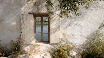 Old, dilapidated window with wooden shutters on the side of a white wall. the window is open and appears to be old and weathered, with peeling paint and chipped paint.