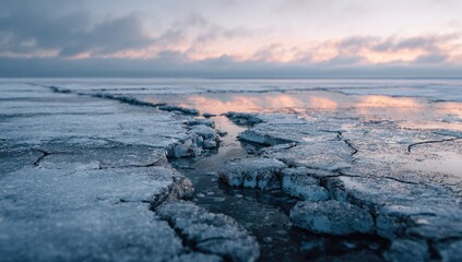 Fototapeta premium Frozen landscape with cracks in ice