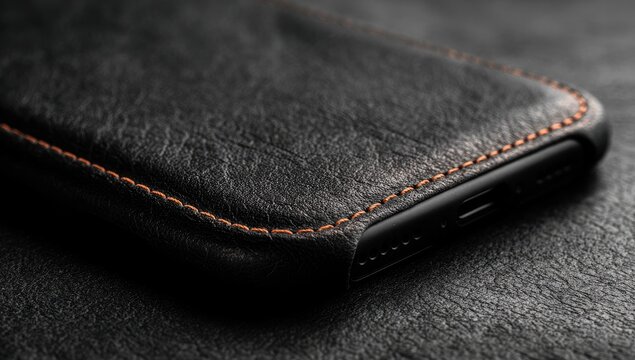 Close-up of a black leather phone case - Powered by Adobe