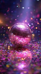 Energetic disco ball casting radiant light patterns across a sea of vibrant confetti encapsulating the essence of a pulsating party atmosphere perfect for marketing music events and