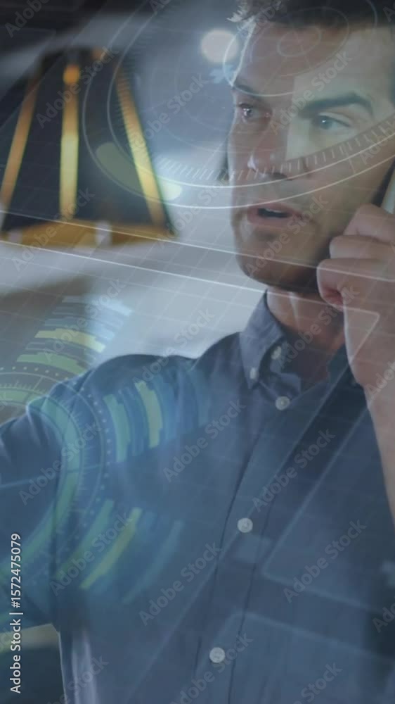 Poster animation of data processing and scope scanning over caucasian man talking on smartphone