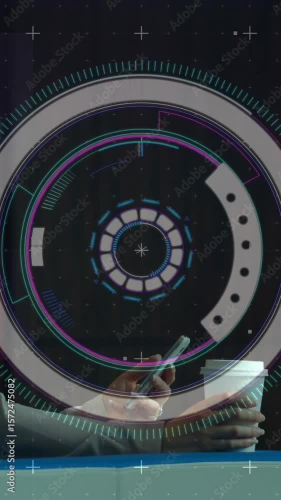 Poster animation of data processing and scope scanning over woman using smartphone
