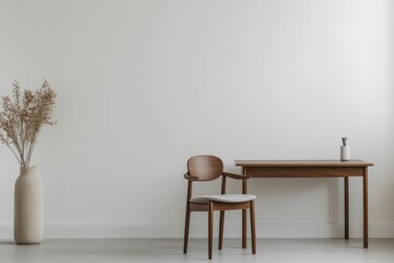 Large white board is on the wall of a room with wooden chairs and tables. Empty white wall mockup in modern office space with minimalist design.