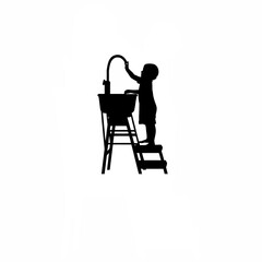 Fototapeta premium Silhouette of child using step stool at handwash station on white background