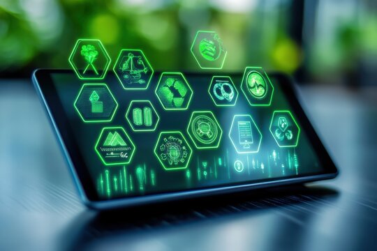 Tablet screen shows a green plant with a bunch of icons. ESG concept with holographic icons on tablet highlighting environmental business and growth strategies.