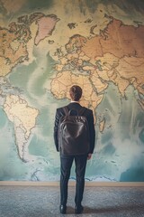 Man with Leather Backpack Facing Vintage World Map