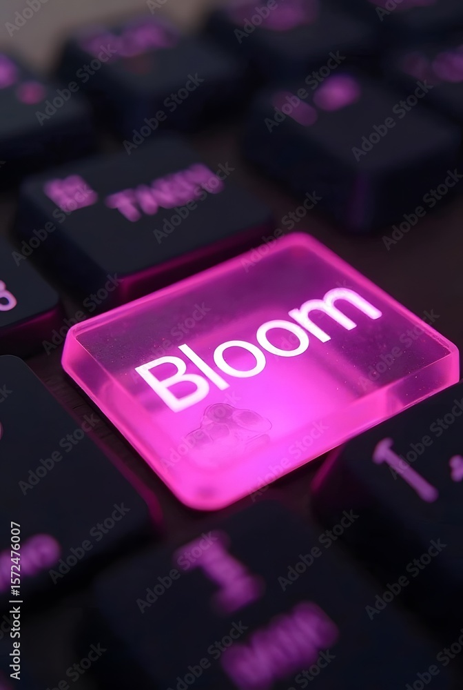 Poster a glowing pink keyboard key displays the word bloom, vertical composition. the vibrant color and sof