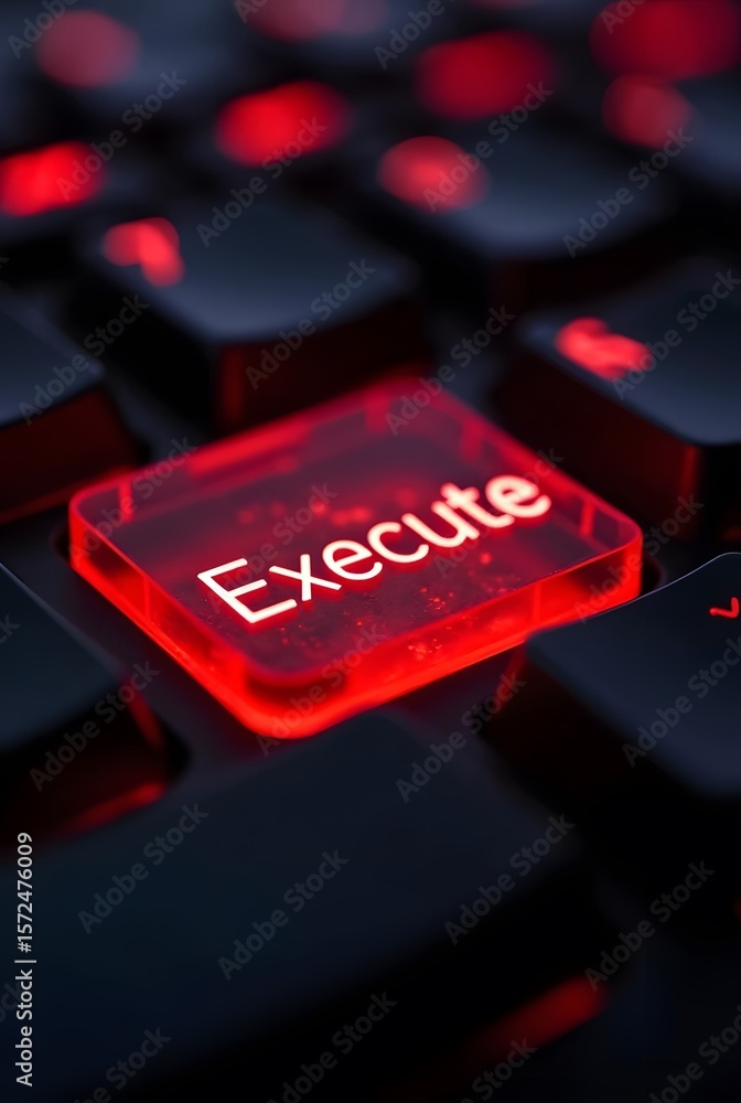 Poster glowing red execute button on a dark keyboard, vertical composition. a dramatic closeup showcasing t