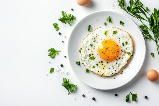 Fried egg isolated on white background. A plate of scrambled eggs with parsley and tomatoes.