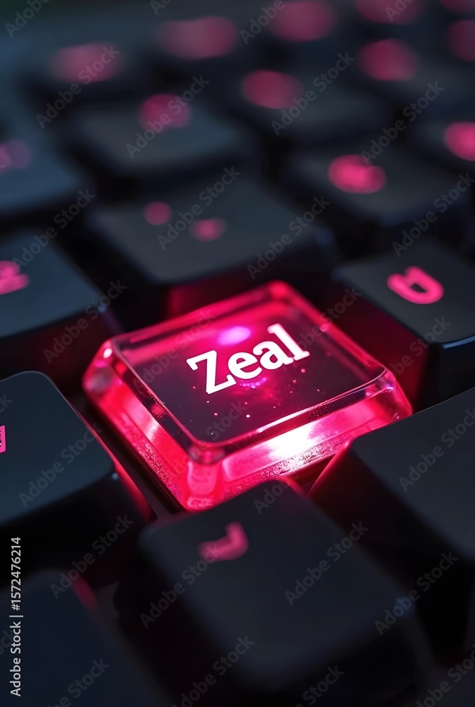 Poster a glowing pink key with the word zeal illuminates a dark keyboard, vertical composition. this striki