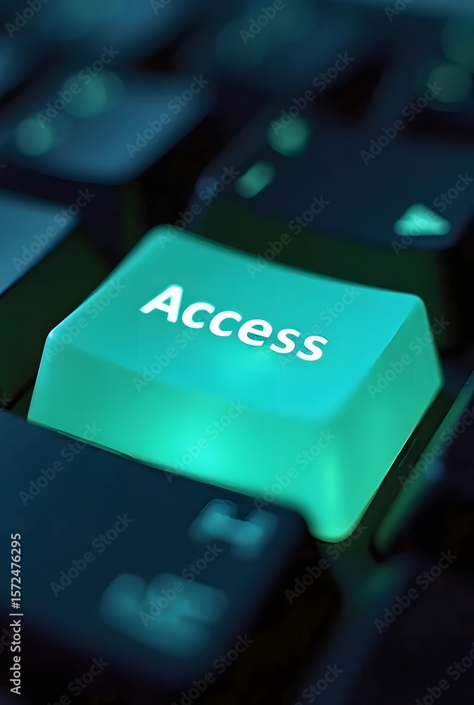 Poster glowing teal access key on a dark keyboard, vertical composition. a closeup shot showcasing digital 