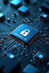 Biometric ID security technology depicted on a circuit board, showcasing a padlock icon on a blue microchip, vertical composition.