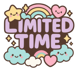Pastel bubble sticker with LIMITED TIME offer in cute cartoon style, playful promo retail offer on transparent background.