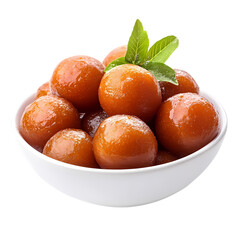 A white bowl filled with gulab jamun and garnished with green leaves