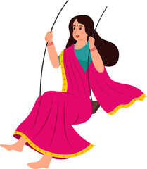 Married woman enjoy swing in monsoon hariyali teej indian festival vector illustration