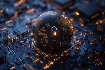 Computer chip with a glowing lock. The lock is surrounded by a glowing blue and yellow sphere. Globe with digital padlock over circuit board dark background.