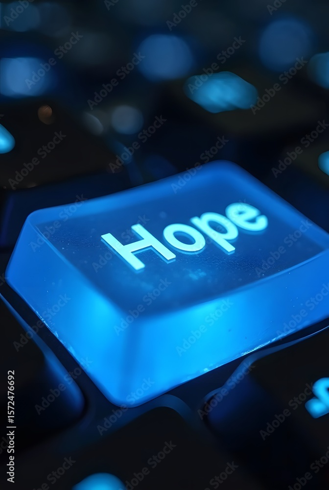 Poster glowing blue keyboard key with the word hope, vertical composition. a closeup shot emphasizing the v