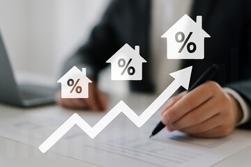 Rising Interest Rates Impacting Housing Market: Businessman Analyzing Real Estate Trends and Signing Documents Illustration
