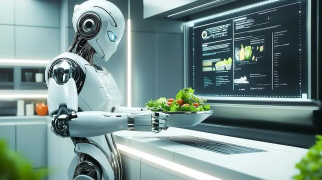 A futuristic robot preparing a fresh salad in a modern high-tech kitchen, innovative approach to food preparation	