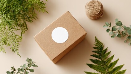 Beige gift box with blank label, surrounded by greenery
