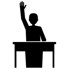 Student raising hand at desk in class silhouette vector illustration