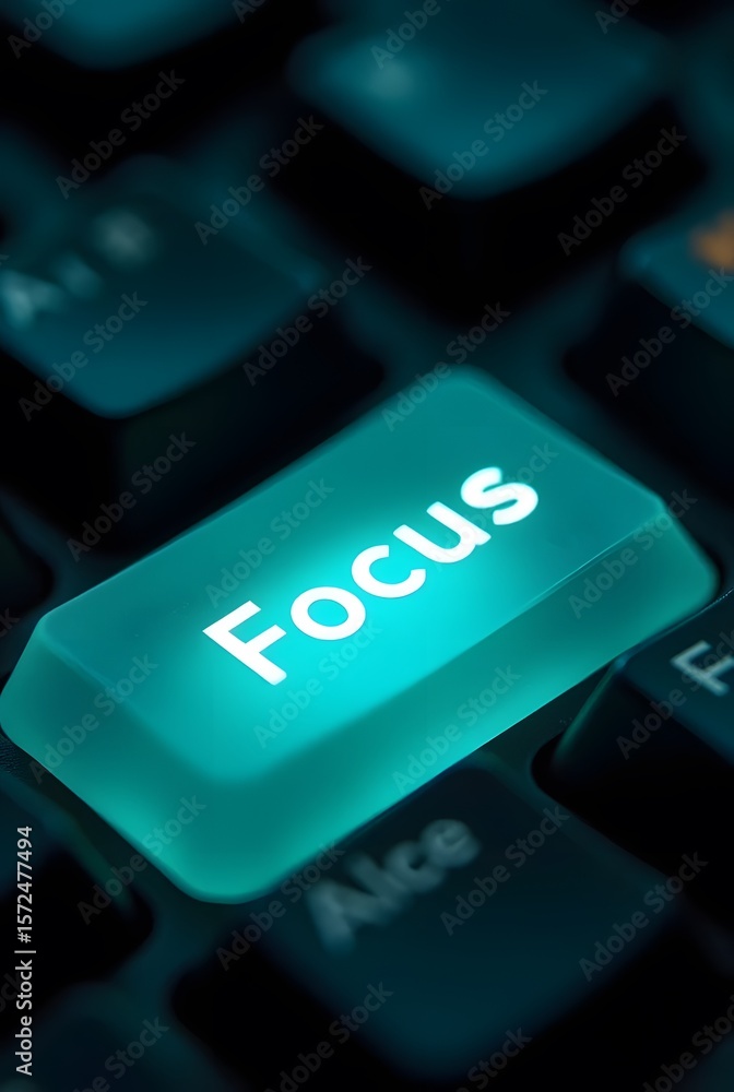 Poster glowing teal focus key on a dark keyboard, vertical composition. a closeup shot emphasizing the conc