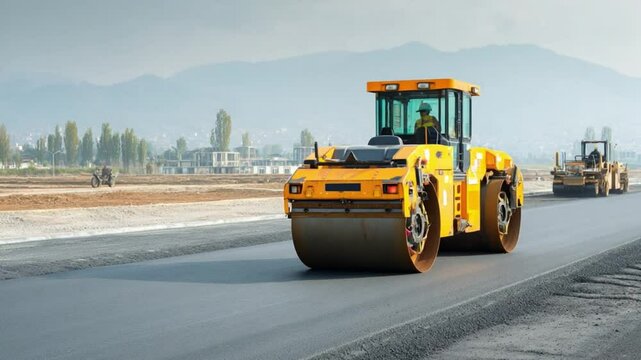 Road Construction with Heavy Machinery: A vibrant yellow asphalt compactor machine rolling on a newly paved road.