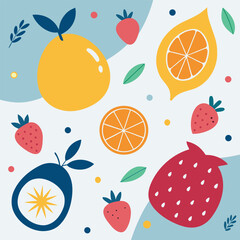 Vibrant Flat Lay Illustration of Fresh Summer Fruits Strawberries Oranges and Lemons