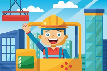 Smiling crane operator in crane cabin at construction site