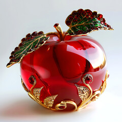 Red glass apple with golden ornament on white background. 