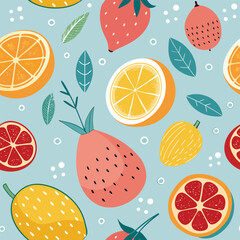Seamless Pattern with Vibrant Summer Fruits Slices and Leaves on Light Blue Background