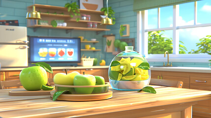 Kitchen interior with fruit on the table. 3D visualization