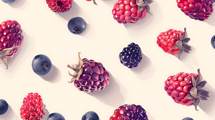 Seamless pattern with raspberries and blackberries on white background
