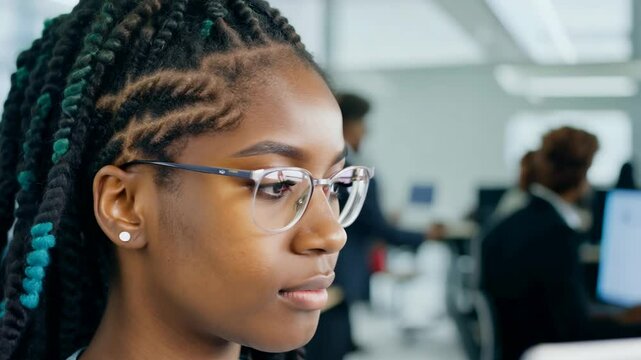 Young African American woman with multi colored dread locks in front of laptop monitor in office. With a serious expression, she types away, blending professionalism and individuality in the workplace