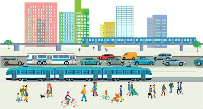 Stadtbahn, Metro,  Bus mit Fahrg&auml;sten Stadt-Bewohner, Illustration--.eps

