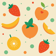 Vibrant Flat Lay Illustration of Assorted Fruits Banana Strawberry Persimmon Apple and Orange Slices