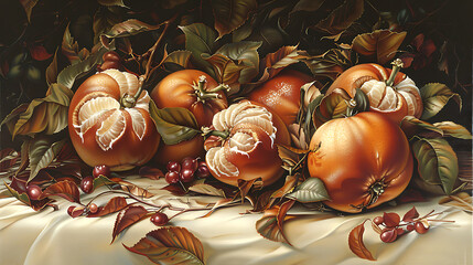 Autumn still life with tangerines, berries and leaves on a white silk background.