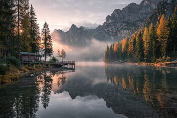 Fototapeta premium Misty mountain lake sunrise