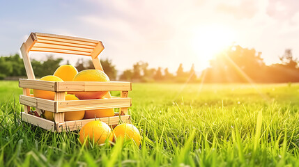 Fresh oranges in a wooden basket on the green field with sunlight.