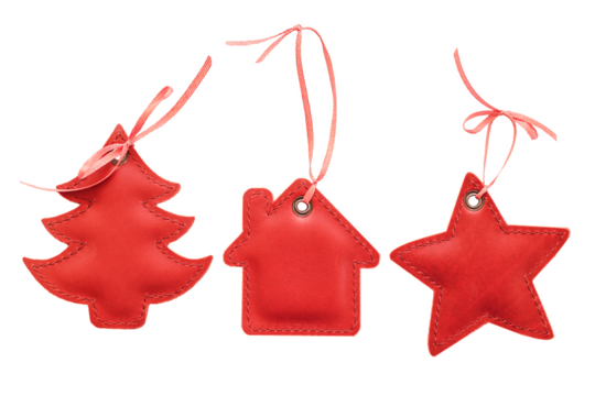 Christmas tree decorations made of leather, handicrafts. Leather Christmas tree decorations in red, featuring star, house, and tree shapes with ribbons
