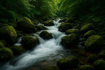 苔むした岩と清流の森風景｜Forest Scene with Mossy Rocks and Clear Stream
