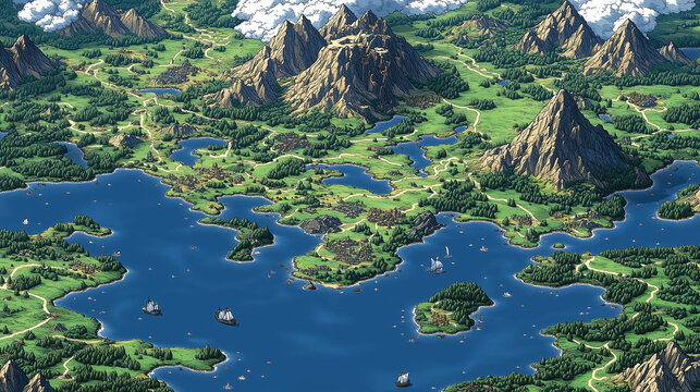 An inviting map with soft, rolling mountains, thick forests, and well-traveled roads, with cozy villages and towns, designed in a cheerful cartoon flat style for video games