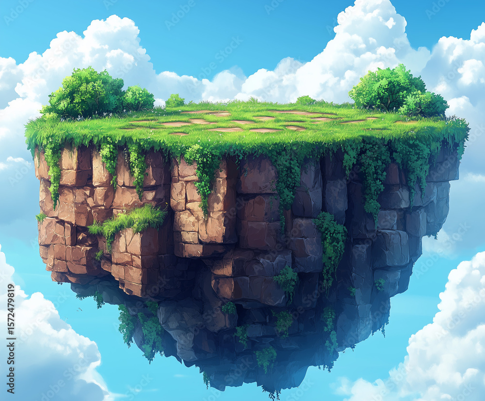 Fototapete video game interface backdrop with level platform in shape of ground islands at sky background, flat