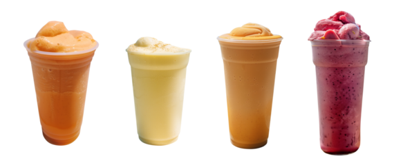 set of blended beverages in clear plastic cups, variety of fruit smoothies