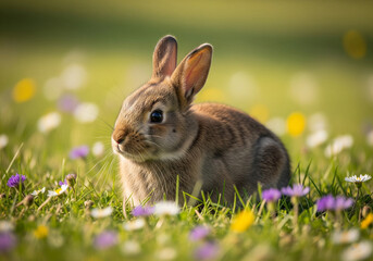 Fototapeta premium Charming Wild Rabbit in a Grassy Meadow: A Candid Glimpse of Nature's Cutest Hoppers Among Spring Flowers
