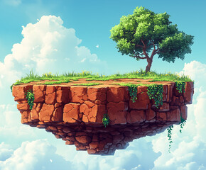 Mobile game interface backdrop with level platform in shape of ground islands at sky background, flat cartoon illustration