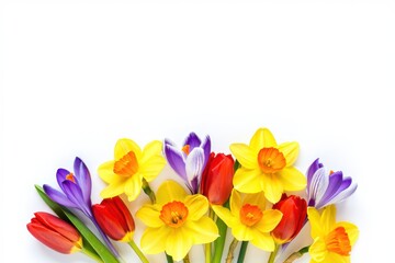 A vibrant border of yellow daffodils red tulips and purple crocuses arranged on a clean white background