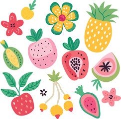 Vibrant Collection of Tropical Fruits and Flowers Illustration